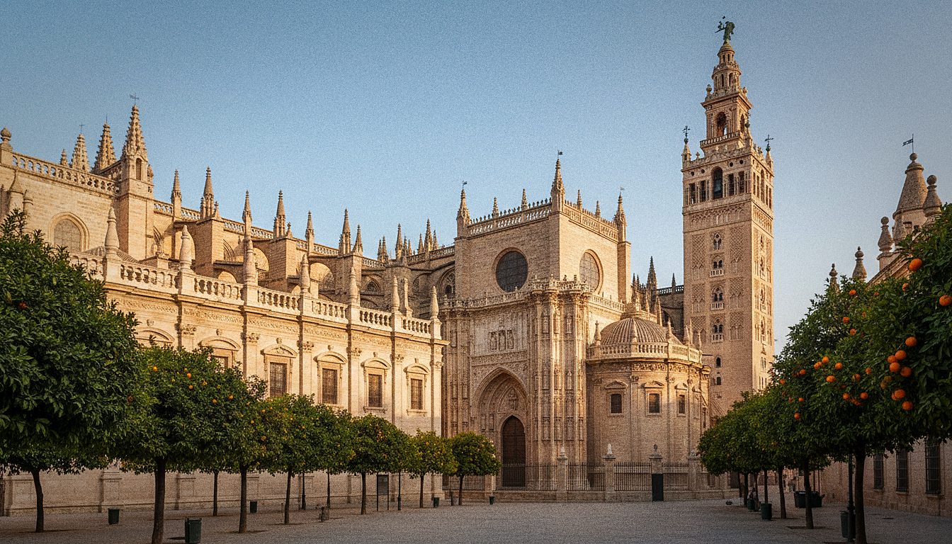 Gothic interior of Seville Cathedral with tall vaults and massive stone columns