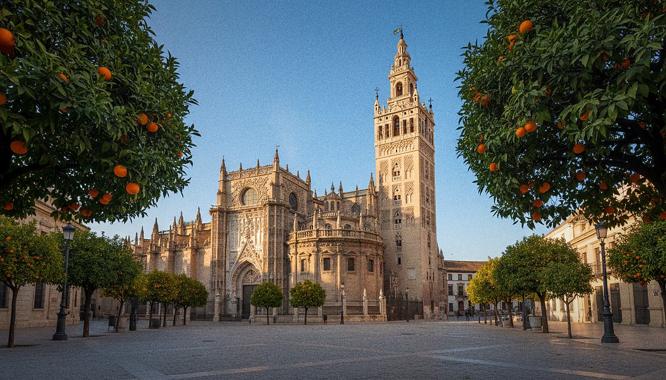 Seville Cathedral with the Giralda bell tower seen from outside on a bright day